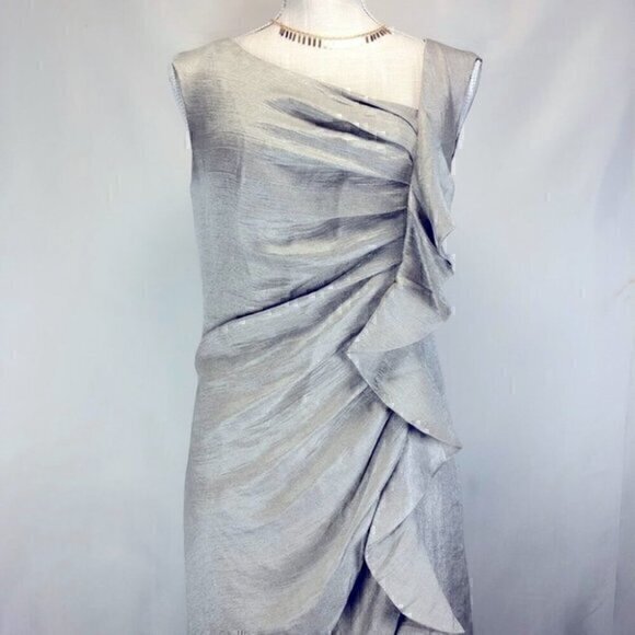 Suzi Chin for Maggy Boutique Sequin Ruffle Silver/Gray Metallic Evening Dress 6 - Picture 6 of 10